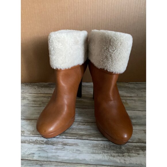Coach Apple Boot A7019 Tan Leather Shearling Cuff Platform Heel Sz 11 w/FLAW - Picture 2 of 14